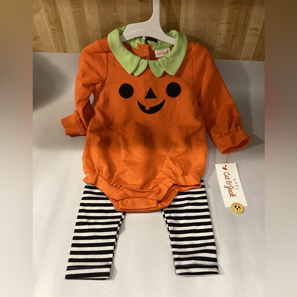 Cat & Jack Orange Pumpkin Bodysuit with Striped Leggings